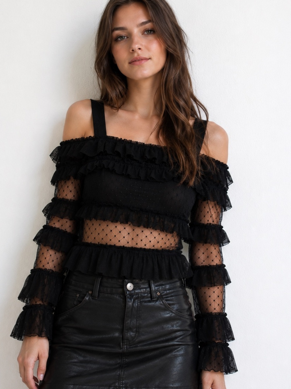 ALEXIS Black Ruffle Sheer Polka Dot Cold Shoulder Top Silk Trim Size S